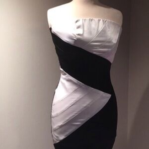 Black and white satin strapless dress